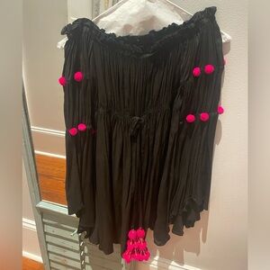 Black Off-Shoulder Dress with Pink Pom Poms